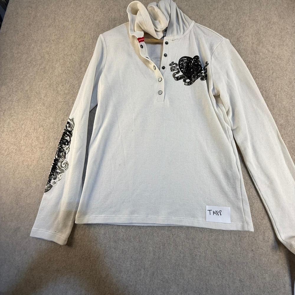 Harley-Davidson Womens White Waffle Knit Henley Hoodie Thermal Heart Graphic L